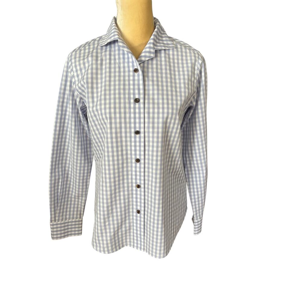 Lafayette 148 New York Poplin Button Up Shirt Blue Gingham Check Size XS FLAW - Picture 2 of 15